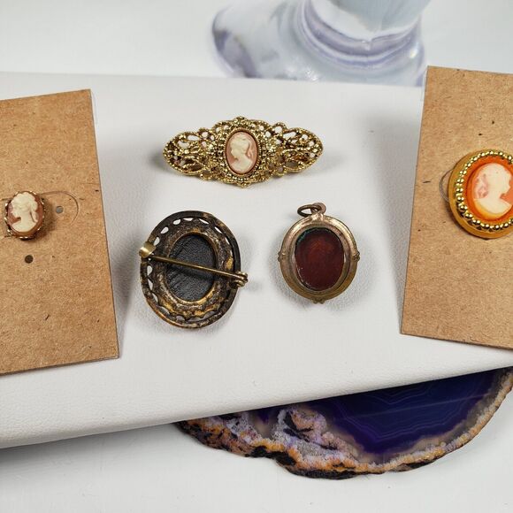 Vintage Victorian Lady Cameo Lot Bracelet Earrings Pendant Brooch Pin Gold Tone - Picture 13 of 15